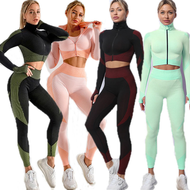 2021 Nieuwe Antibacteriële 3 stukken Set Running Jogging Sportkleding Jacket Tank Top Vrouwen Skninny En Broek Yoga Wear