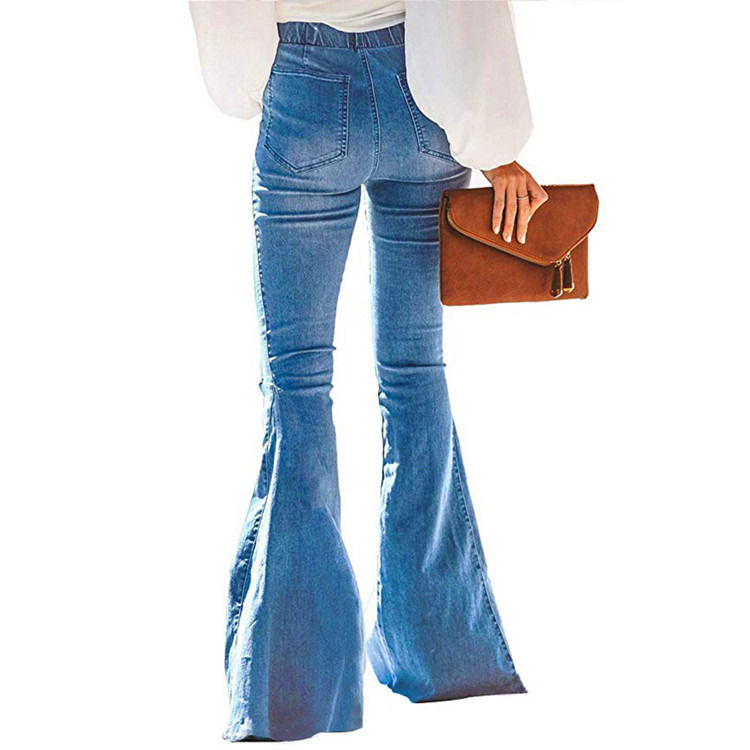 Kleur Vervaagingsbestendige Hoge taille Elastische taille Knie Gescheurde bel Onderkant Vrouwen Jeans Flare broek