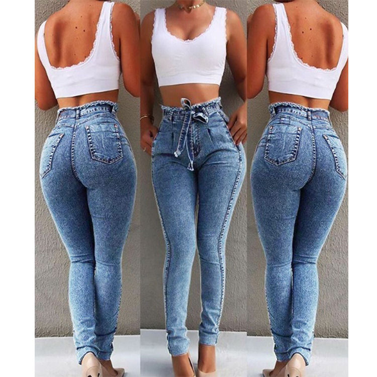 Waistband Tassel Kleur Fade Proof Hoogwaardige Waist High Skinny Pencil Jeans Vrouw Elastische Jeans