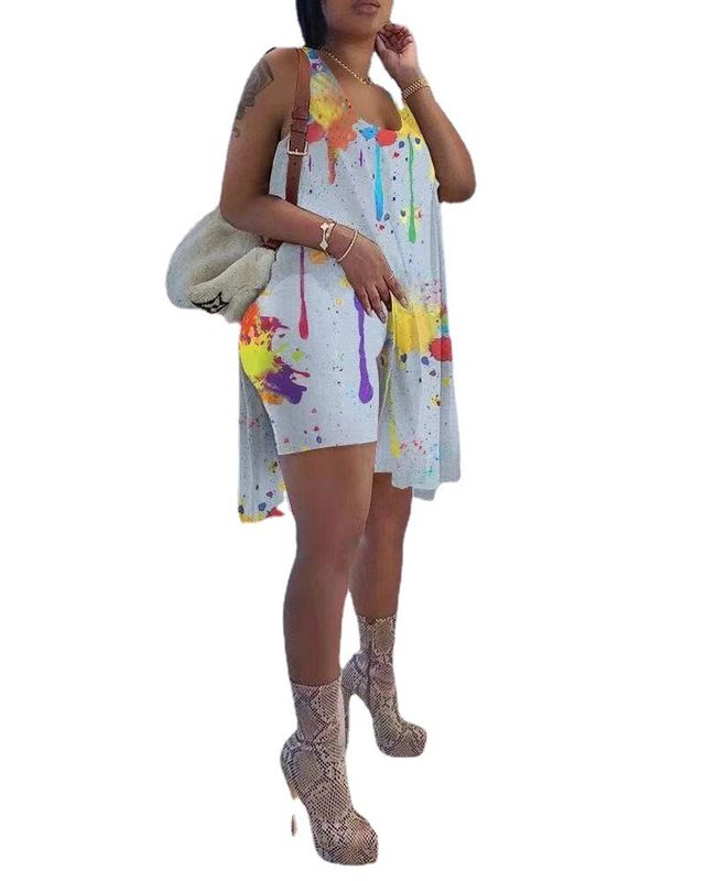 2021 Anti-UV Tie Die 2 Pieces Set Splatter-ink Printing Shorts Outfits Onregelmatige Asymmetrische Rand
