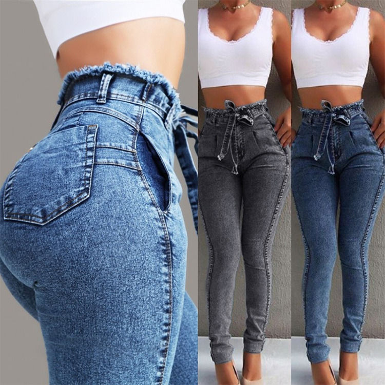 Waistband Tassel Kleur Fade Proof Hoogwaardige Waist High Skinny Pencil Jeans Vrouw Elastische Jeans