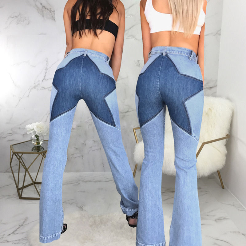 Kleur Vervaag Bewijs Goede kwaliteit patchwork hip ster jeans steken stretch flared broek vrouwen jeans lang