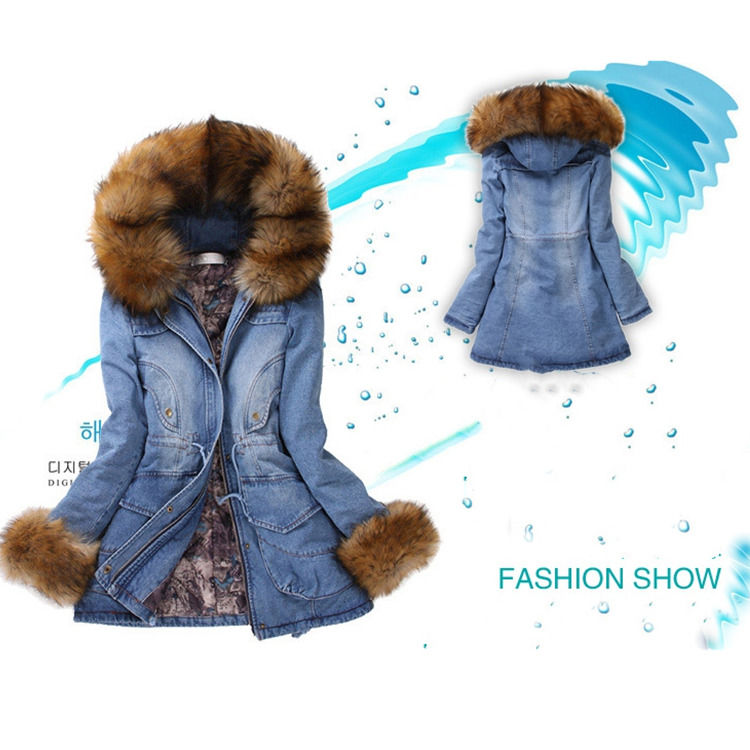2020 bont kraag denim jas winter waterdicht dik katoenen gepoleerde hoed jeans jas vrouwen
