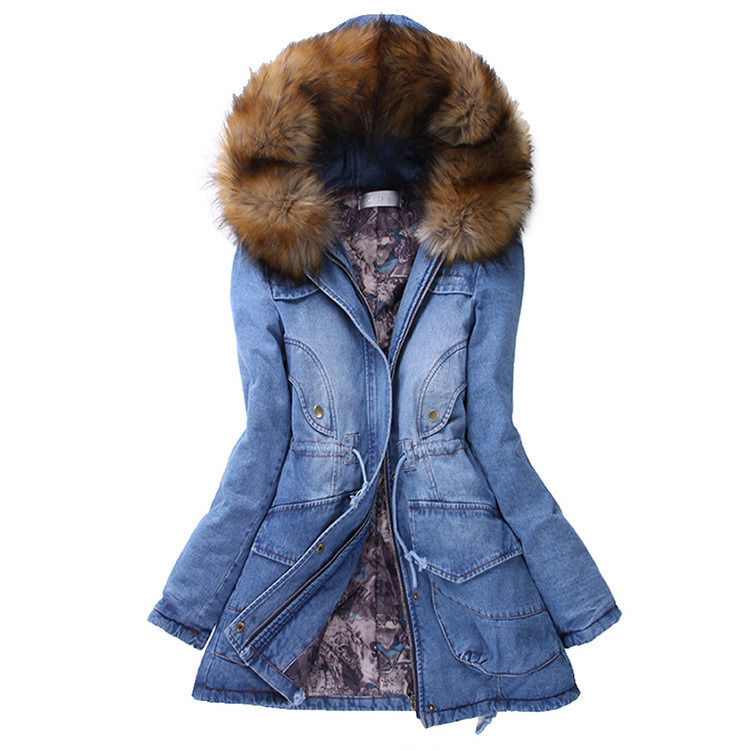 2020 bont kraag denim jas winter waterdicht dik katoenen gepoleerde hoed jeans jas vrouwen