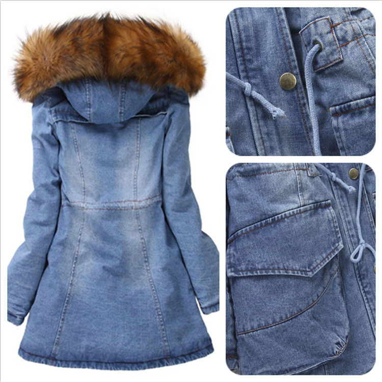 2020 bont kraag denim jas winter waterdicht dik katoenen gepoleerde hoed jeans jas vrouwen