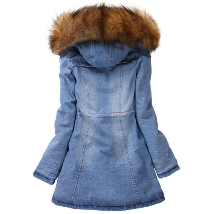 Mode dik katoenen kleding pels kraag denim jas winter capuchon jeans waterdichte jas vrouwen