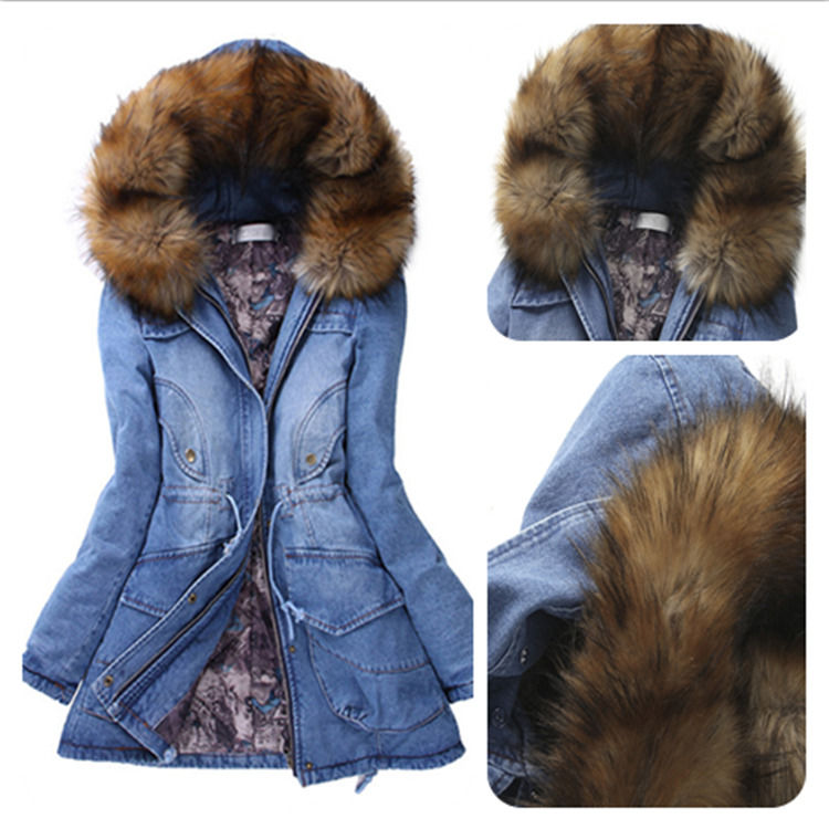 Mode dik katoenen kleding pels kraag denim jas winter capuchon jeans waterdichte jas vrouwen