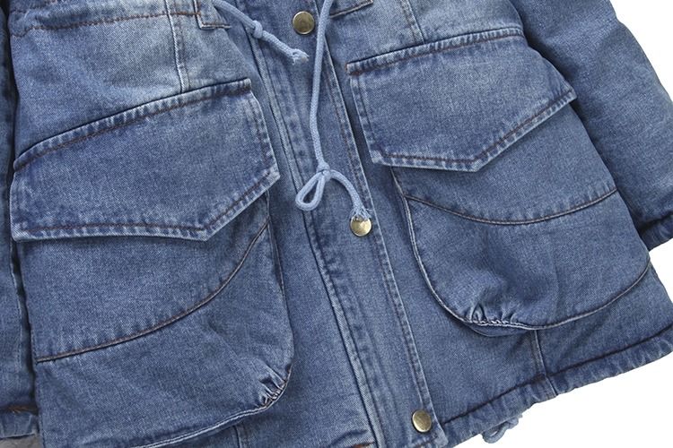 Mode dik katoenen kleding pels kraag denim jas winter capuchon jeans waterdichte jas vrouwen
